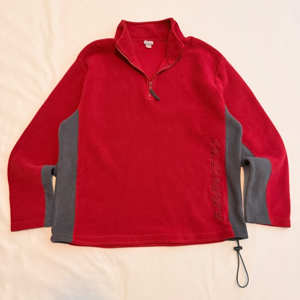 Old Navy Fleece Pullover Men XL Red Gray Y2K 1/4 Zip Colorblock Mock Neck